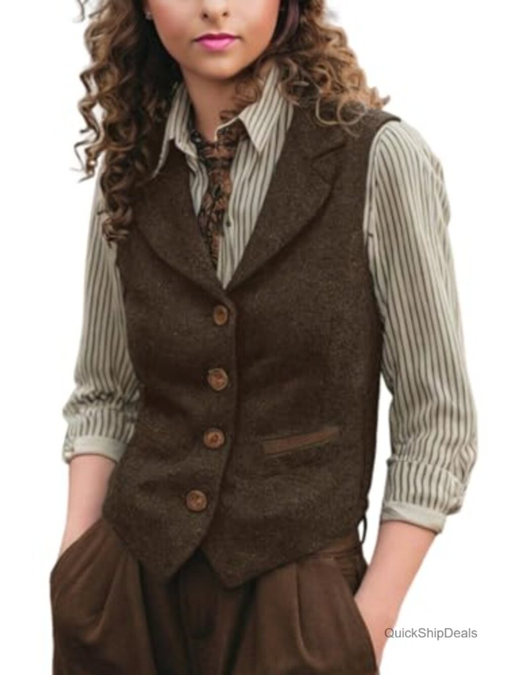Herringbone Tweed V-Neck Waistcoat Vest Button Front Lined